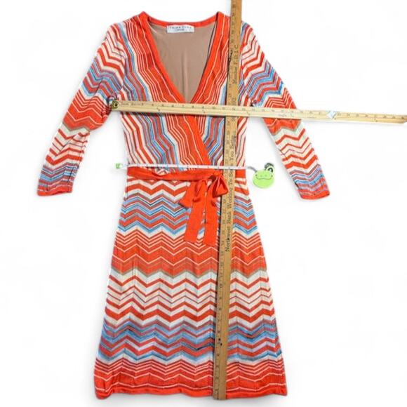Trina Turk Chevron Knit‎ Wrap Dress Belt Orange Blue V-Neck Long Sleeve ZigZag 0 - Picture 6 of 10
